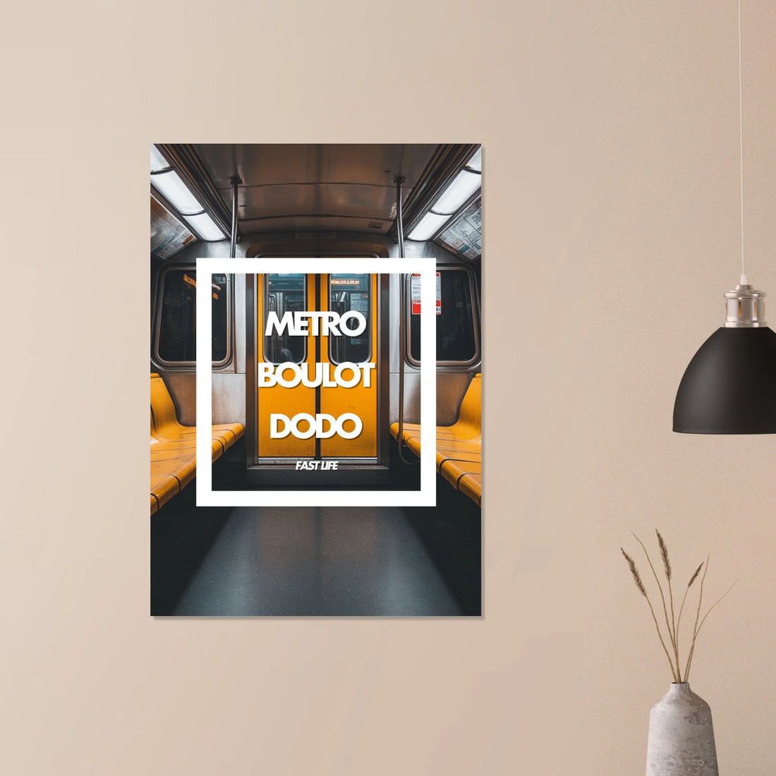 Tableau aluminium Métro Boulot Dodo - Affiche encadrée wagon jaune - Design urbain fast life - THREEWORDS³