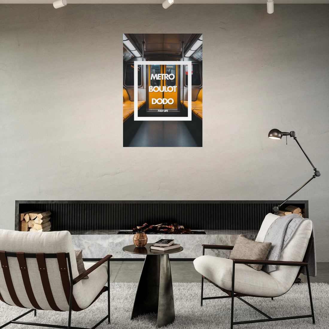 Tableau aluminium Métro Boulot Dodo - Affiche encadrée wagon jaune - Design urbain fast life - THREEWORDS³