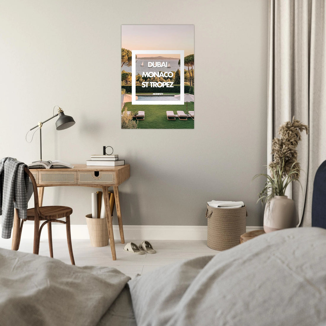 Tableau luxe Dubai Monaco St Tropez - Affiche encadrée villa piscine - Design minimaliste paysage méditerranéen - THREEWORDS³