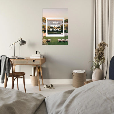 Tableau luxe Dubai Monaco St Tropez - Affiche encadrée villa piscine - Design minimaliste paysage méditerranéen - THREEWORDS³