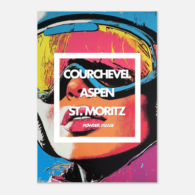 Tableau aluminium ski Courchevel Aspen St Moritz - Affiche encadrée pop art - Design sportif montagne - THREEWORDS³

